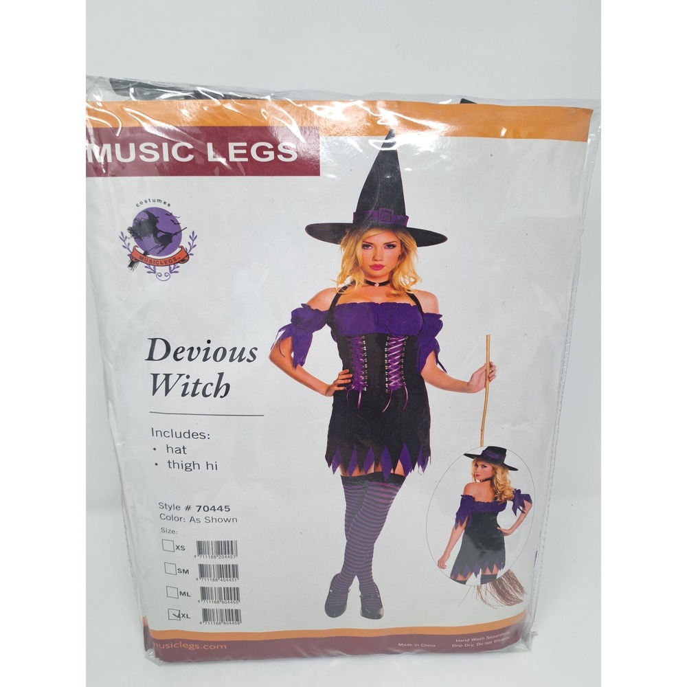 Music Legs Devious Witch Costume Set With Hat & Thigh Highs Black Purple Size XL
